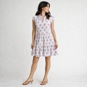 OLIPHANT Roll Sleeve Floral Mini Dress Purple Preppy Feminine Cotton Women's M